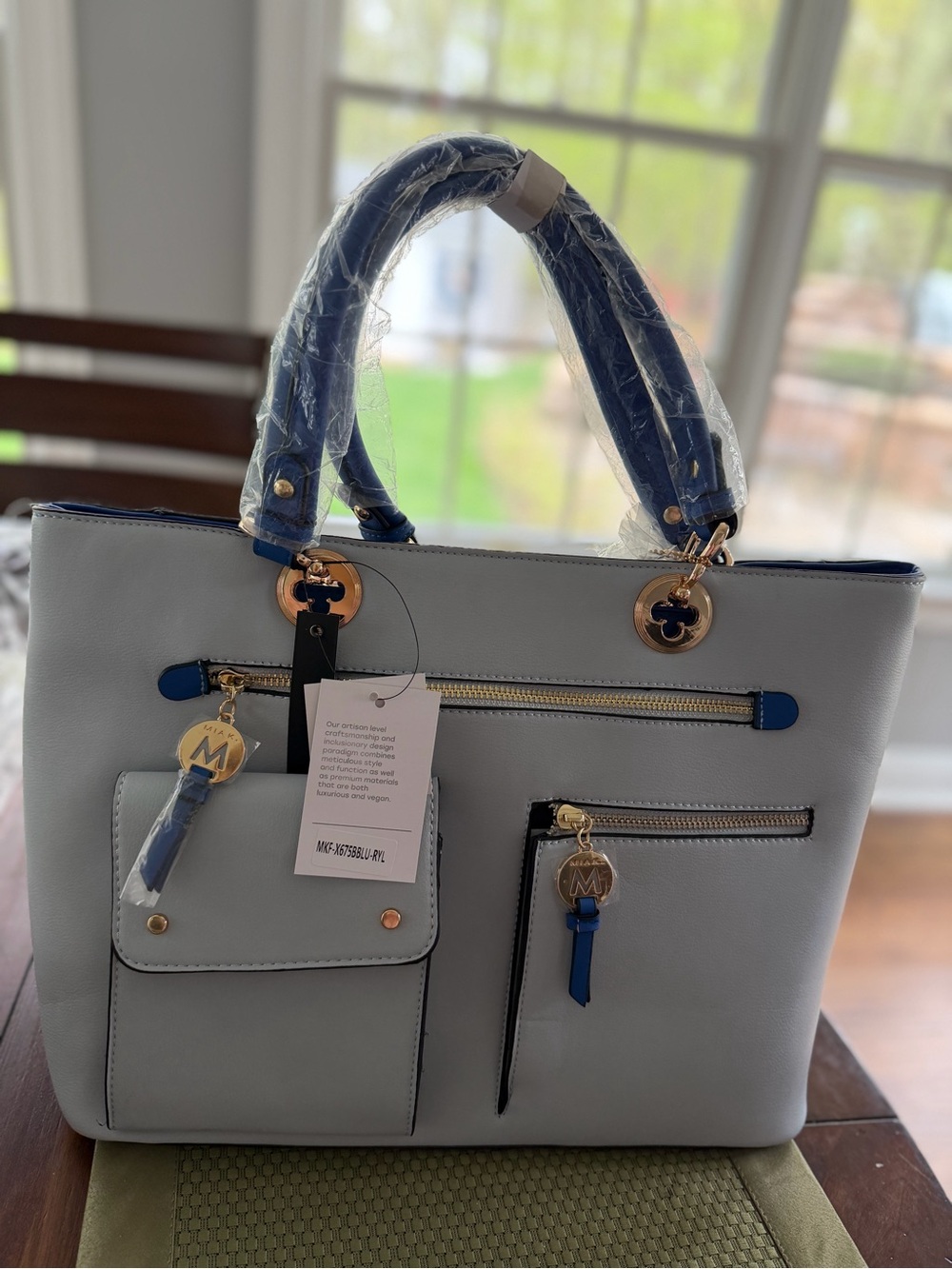New Mia K large vegan leather blue purse Bag in Light Blue with NavyBlue Accents